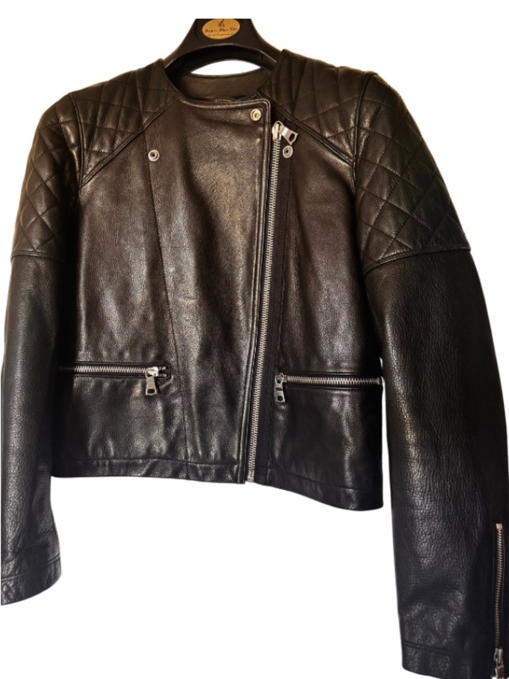 Black Genuine Leather Quilted Shoulder Women's moto style Jacket